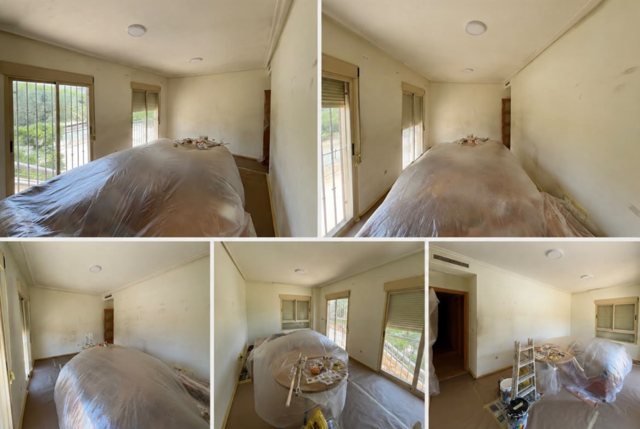 Dining room before painting, damaged walls